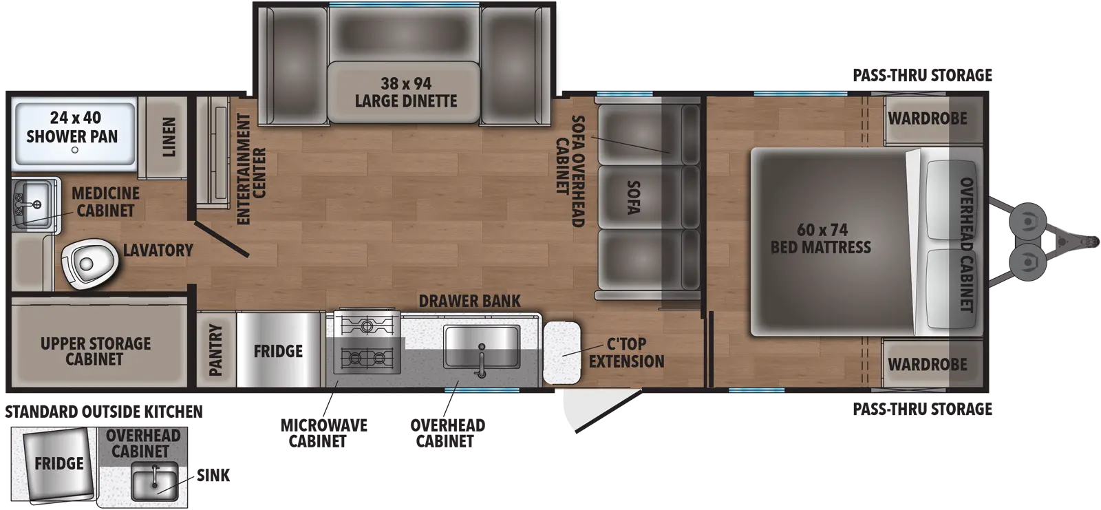 The 25RB has one slide out on the off-door side and one entry door on the door side. Interior layout from front to back: bedroom with side-facing queen bed; sofa with overhead cabinet; kitchen living dining area with off door side slide out containing large dinette; kitchen with single basin sink, cook top stove, microwave cabinet, refrigerator, and overhead cabinet; entertainment center; and bathroom.